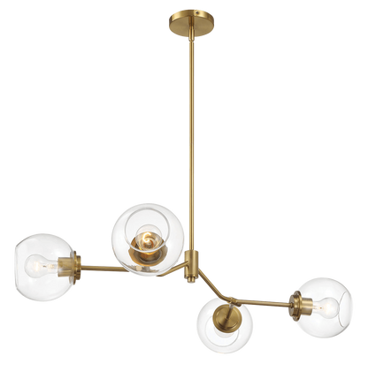 Four-Light Modern Farmhouse Chandelier for Kitchen Island and Dining Room, 36in L x 20in W x 7.25in H, Brass Frame, Clear Glass