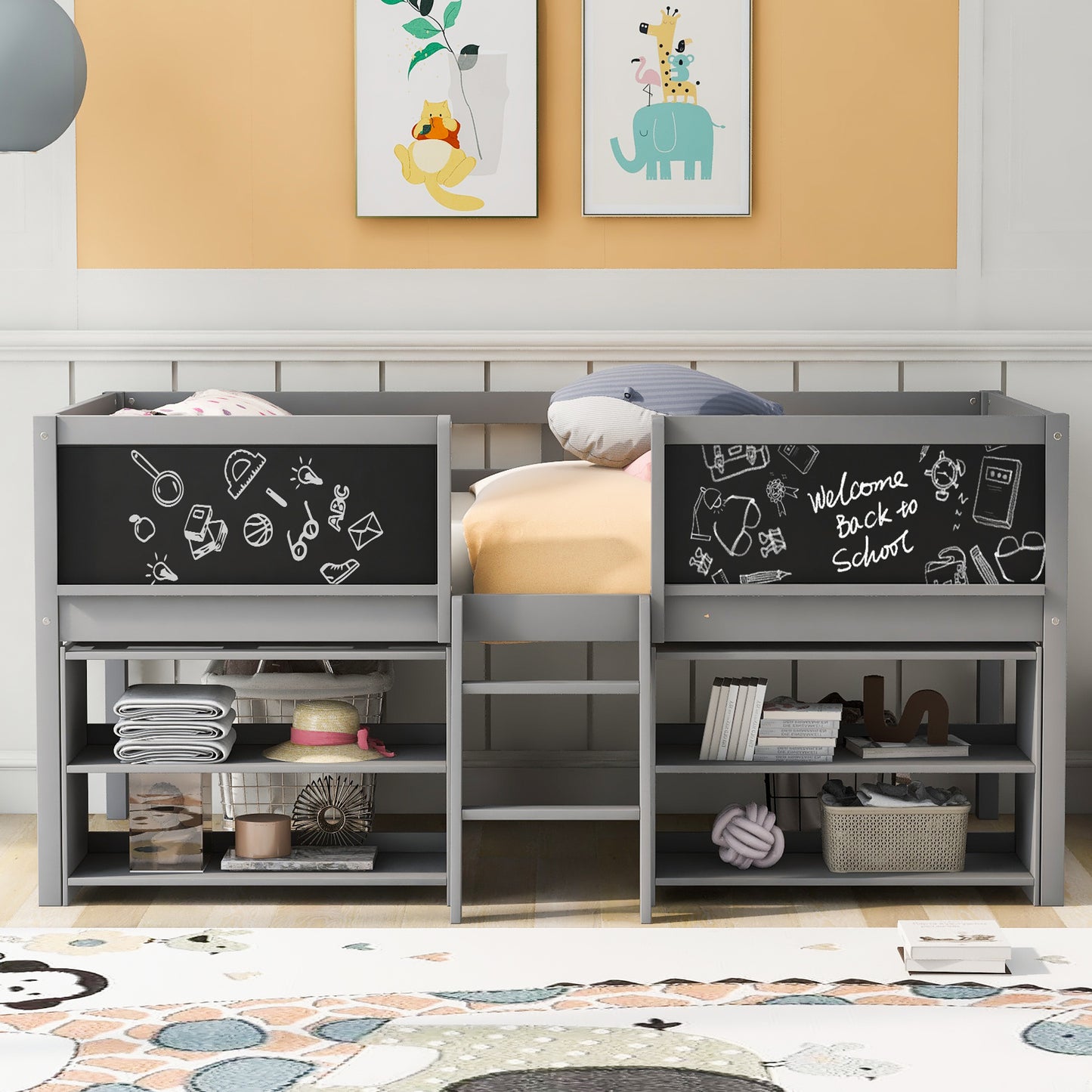 Twin Size Low Loft Bed with Creative Chalkboard Guardrails and Adjustable Storage Shelves, Gray