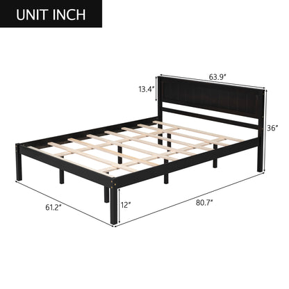 Espresso Queen Platform Bed Frame with Headboard and Wood Slat Support – No Box Spring Required