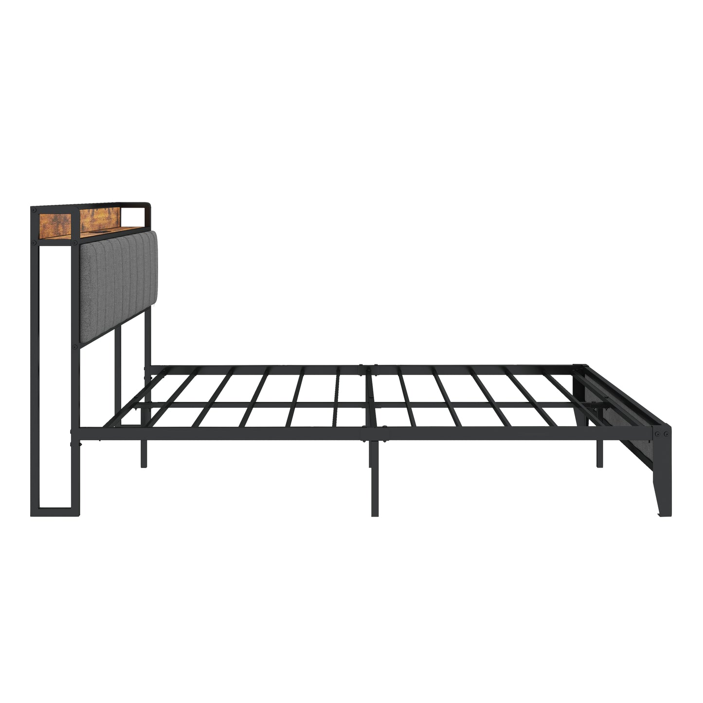 Modern Full Size Bed Frame with USB Charging, Upholstered Headboard, and Sturdy Metal Base in Grey