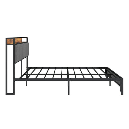 Modern Full Size Bed Frame with USB Charging, Upholstered Headboard, and Sturdy Metal Base in Grey