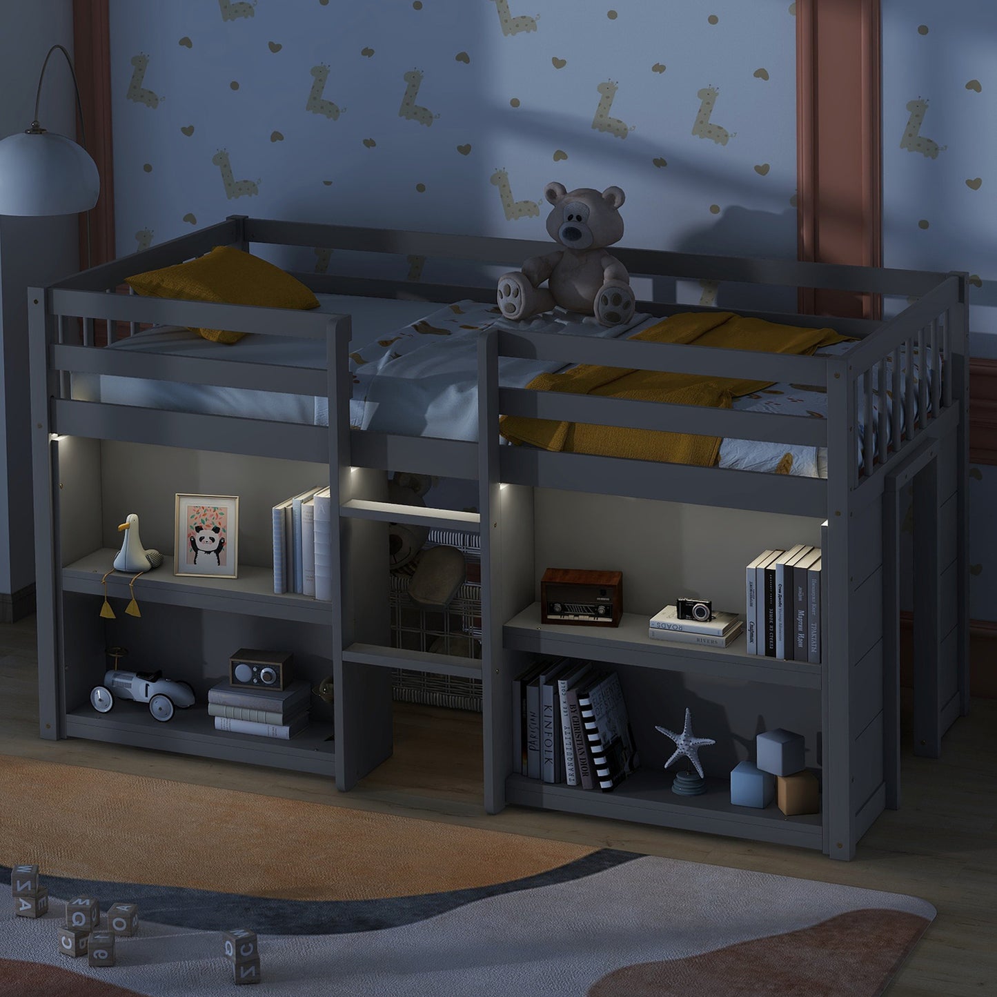 Twin Size Low Loft Bed for Kids with Dual Shelving and LED Lights in Grey