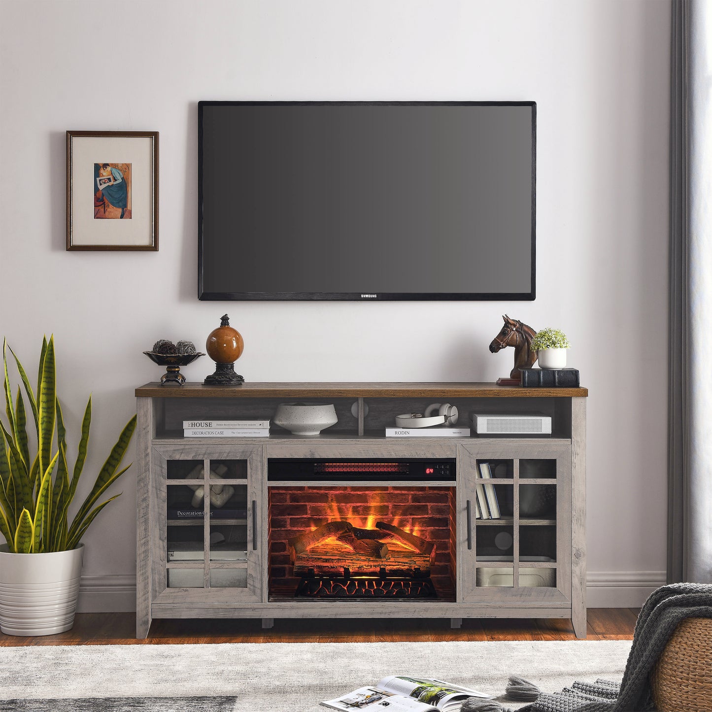 55-Inch TV Stand with Electric Fireplace – 2-in-1 Media Console, 1500W, 5000 BTU, Living Room Gray Wash