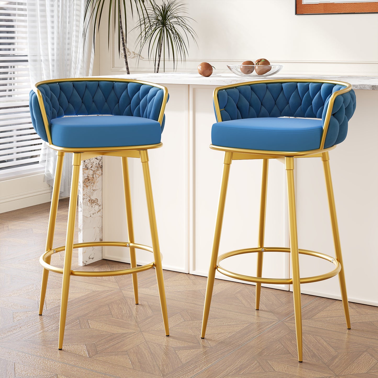 Swivel Counter Height Bar Stools Set of 2 Blue Gold Legs