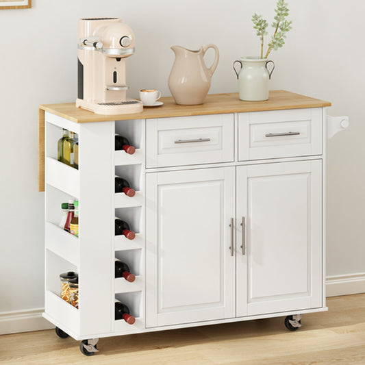 Elegant Multi-Functional Kitchen Island Cart with Storage Cabinet, Drawers, Spice Rack, Wine Rack, and Foldable Rubberwood Top (White)