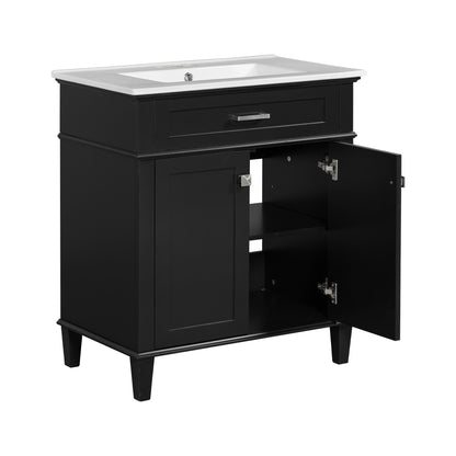 30-Inch Black Bathroom Vanity with Ceramic Sink, Soft-Close Doors, and Adjustable Storage Shelves