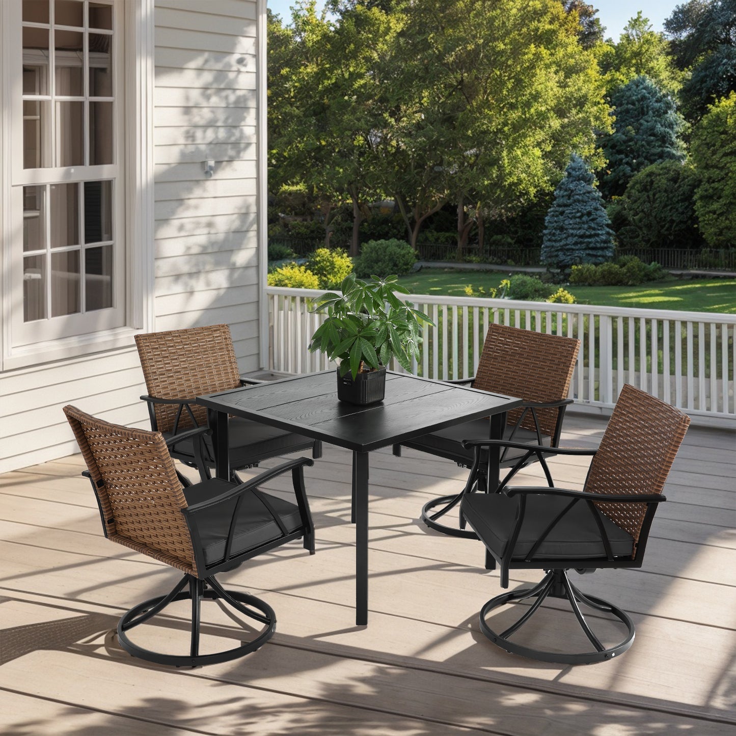 5-Piece Patio Dining Set for 4 with Swivel Rocker Chairs, Wicker, Steel Table Top, Cushions, Brown Gray