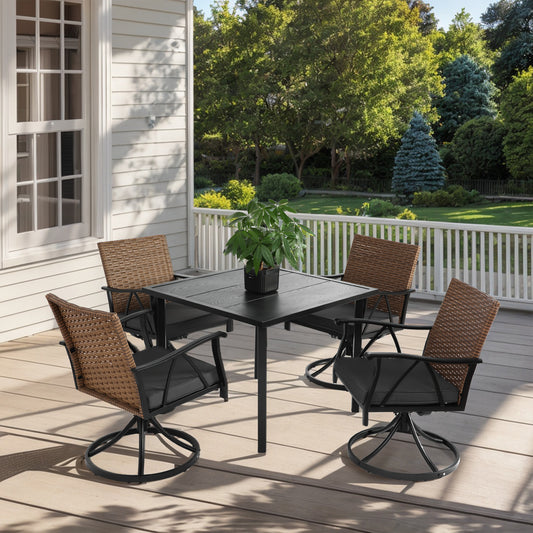 5-Piece Patio Dining Set for 4 with Swivel Rocker Chairs, Wicker, Steel Table Top, Cushions, Brown Gray