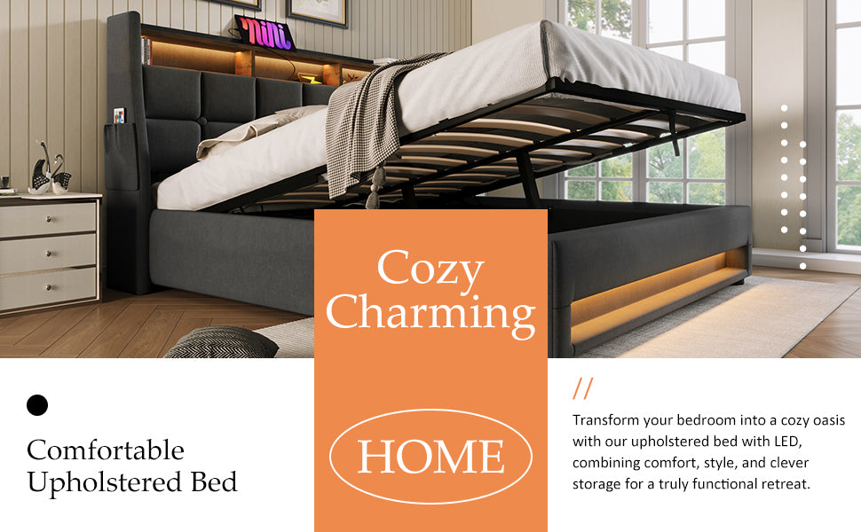 Modern Queen Size Upholstered Platform Bed with Hydraulic Storage, LED Lighting, and USB Port - Grey (Mattress Not Included)
