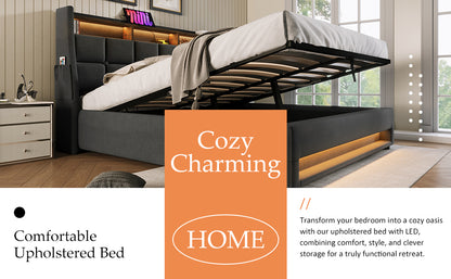 Modern Queen Size Upholstered Platform Bed with Hydraulic Storage, LED Lighting, and USB Port - Grey (Mattress Not Included)
