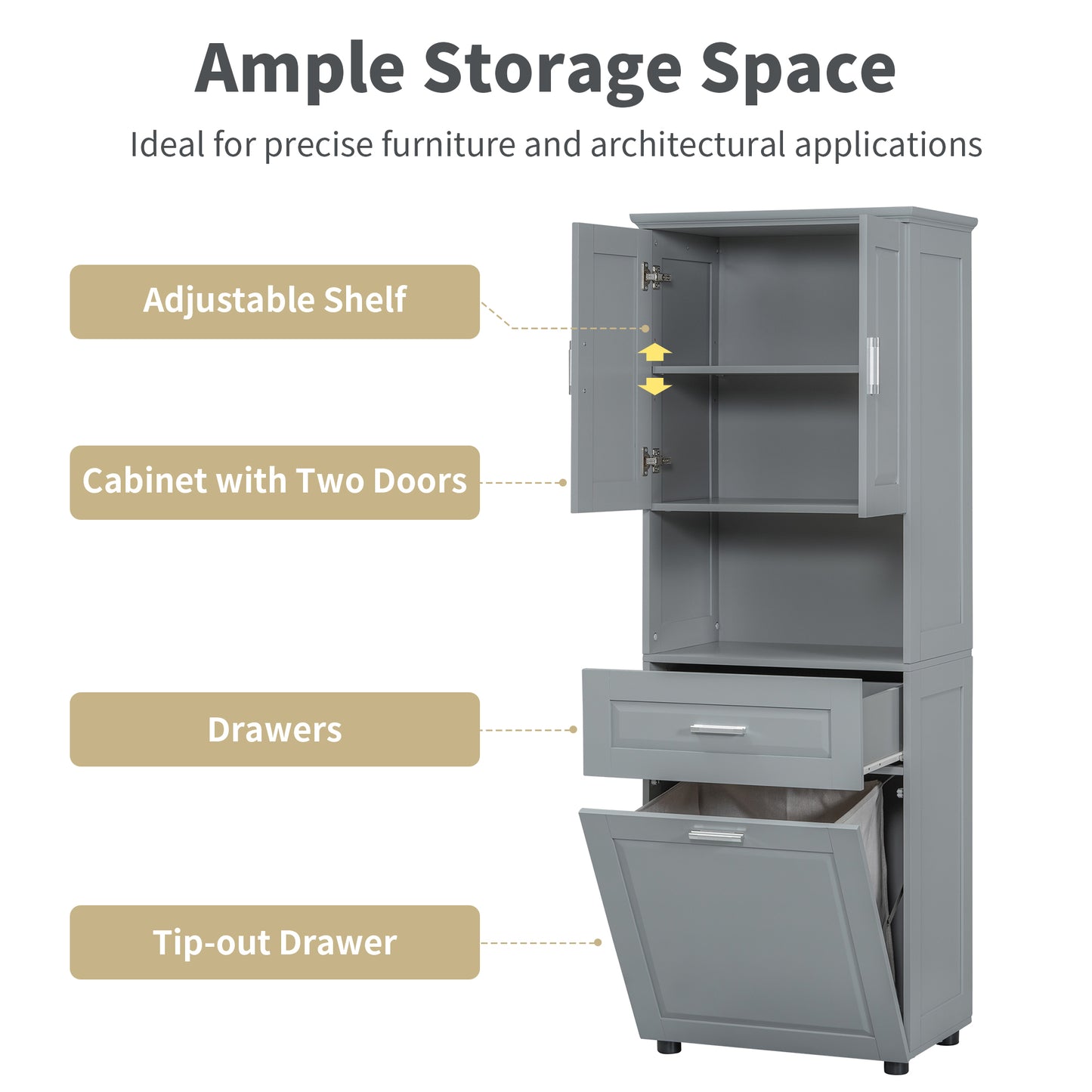 Tall Grey Storage Cabinet with Removable Laundry Hamper, Multi-Functional Upper Shelves and Cabinet Doors