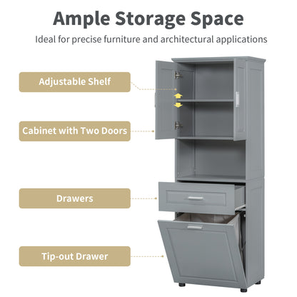 Tall Grey Storage Cabinet with Removable Laundry Hamper, Multi-Functional Upper Shelves and Cabinet Doors