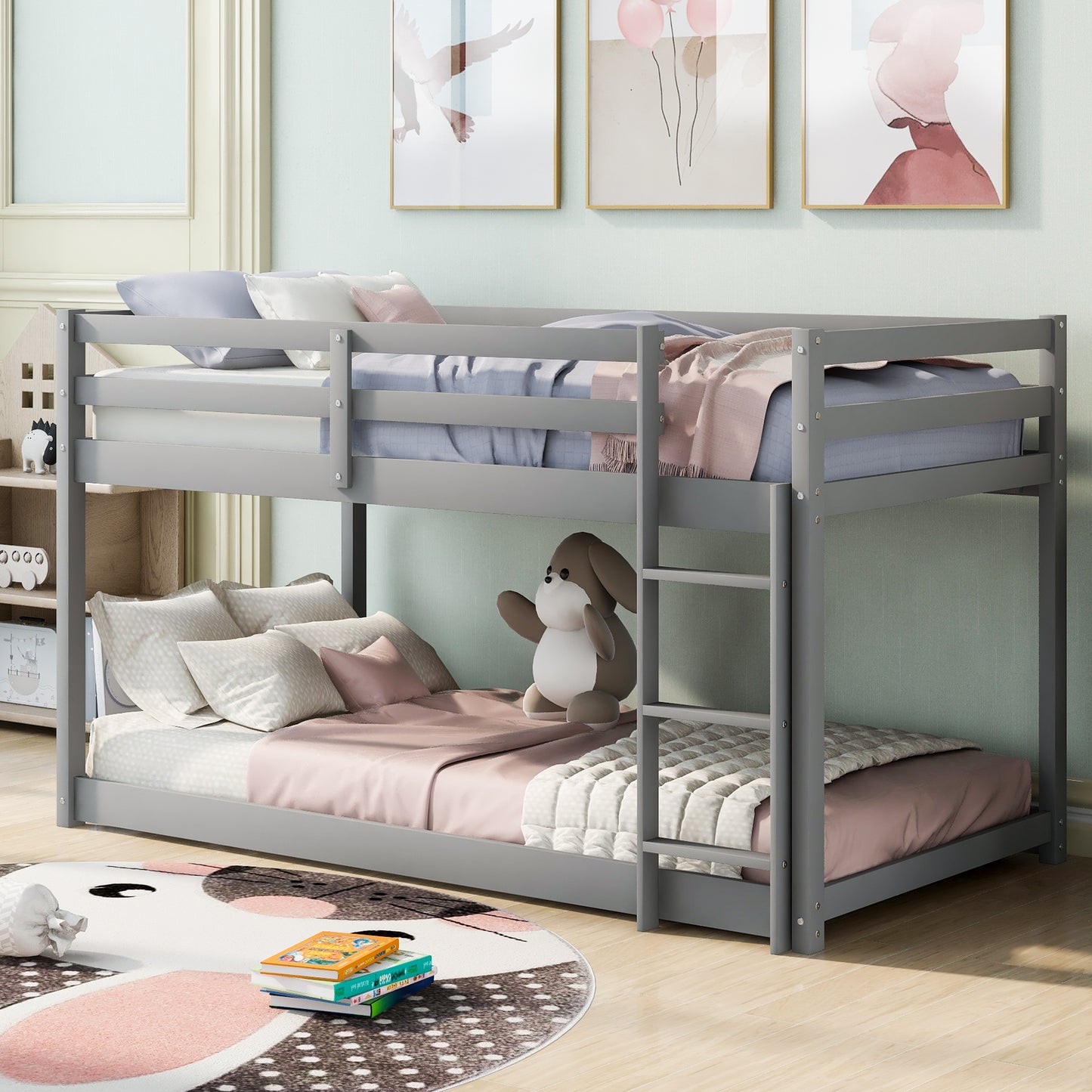 Gray Twin Over Twin Floor Bunk Bed with Ladder for Kids