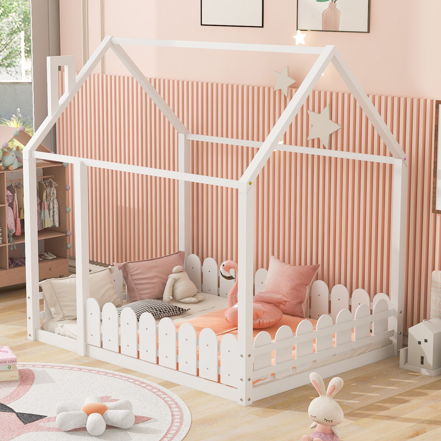 Full Size Wooden House Bed Frame with Fence for Kids and Teens - White (Slats Not Included)