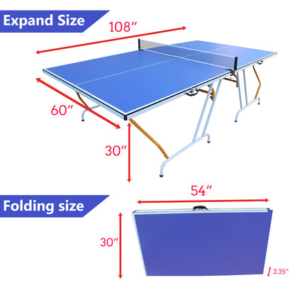 9-Foot Folding Indoor Table Tennis Table with Net, Ping Pong Set (2 Paddles, 3 Balls) Easy Fold Blue