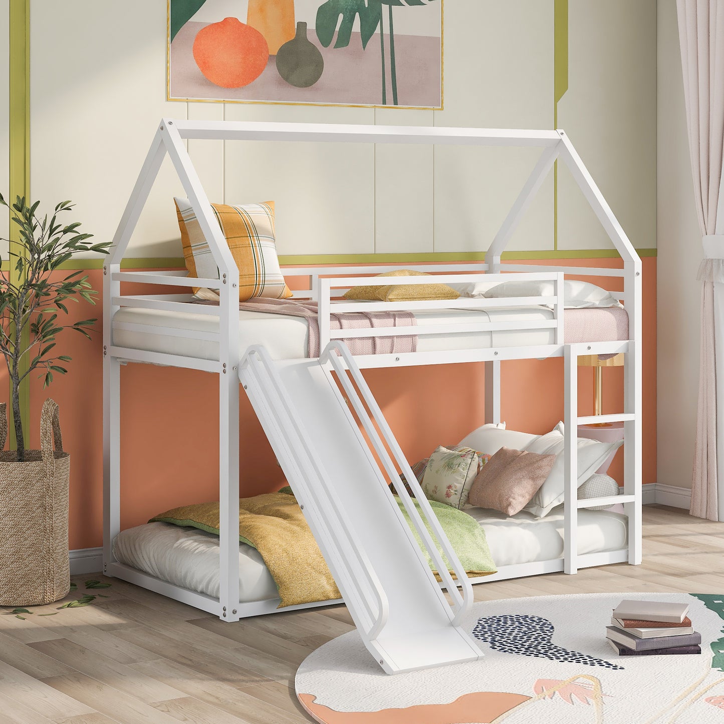 House-Themed Twin Over Twin Bunk Bed with Fun Slide and Ladder in White