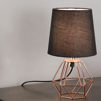 Geometric Metal Table Lamp, 11.25 in H, 6.5 in Base, Black Shade, Inline On/Off, 120V, E12 Bulb, Copper