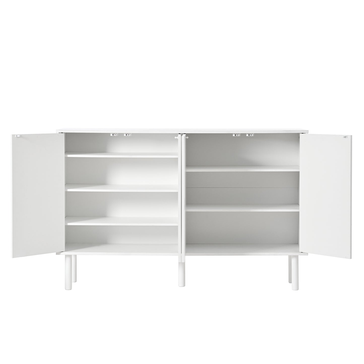ON-TREND Minimalist Shoe Cabinet with 5 Solid Wood Legs, Cream Style Sideboard Buffet Cabinet with Fluted Doors, Large 4-Door Storage Cabinet with Adjustable Shelves for Living Room, White, 55.1*13.7"