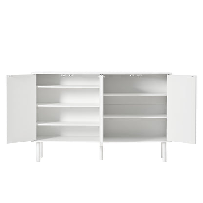 ON-TREND Minimalist Shoe Cabinet with 5 Solid Wood Legs, Cream Style Sideboard Buffet Cabinet with Fluted Doors, Large 4-Door Storage Cabinet with Adjustable Shelves for Living Room, White, 55.1*13.7"