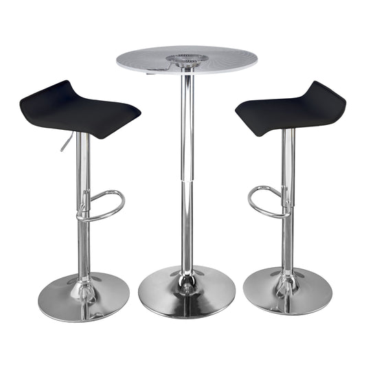 Contemporary Adjustable Bar Set with Chrome Metal Frame, Clear Acrylic, Light-Up Tabletop, 3-Piece Black