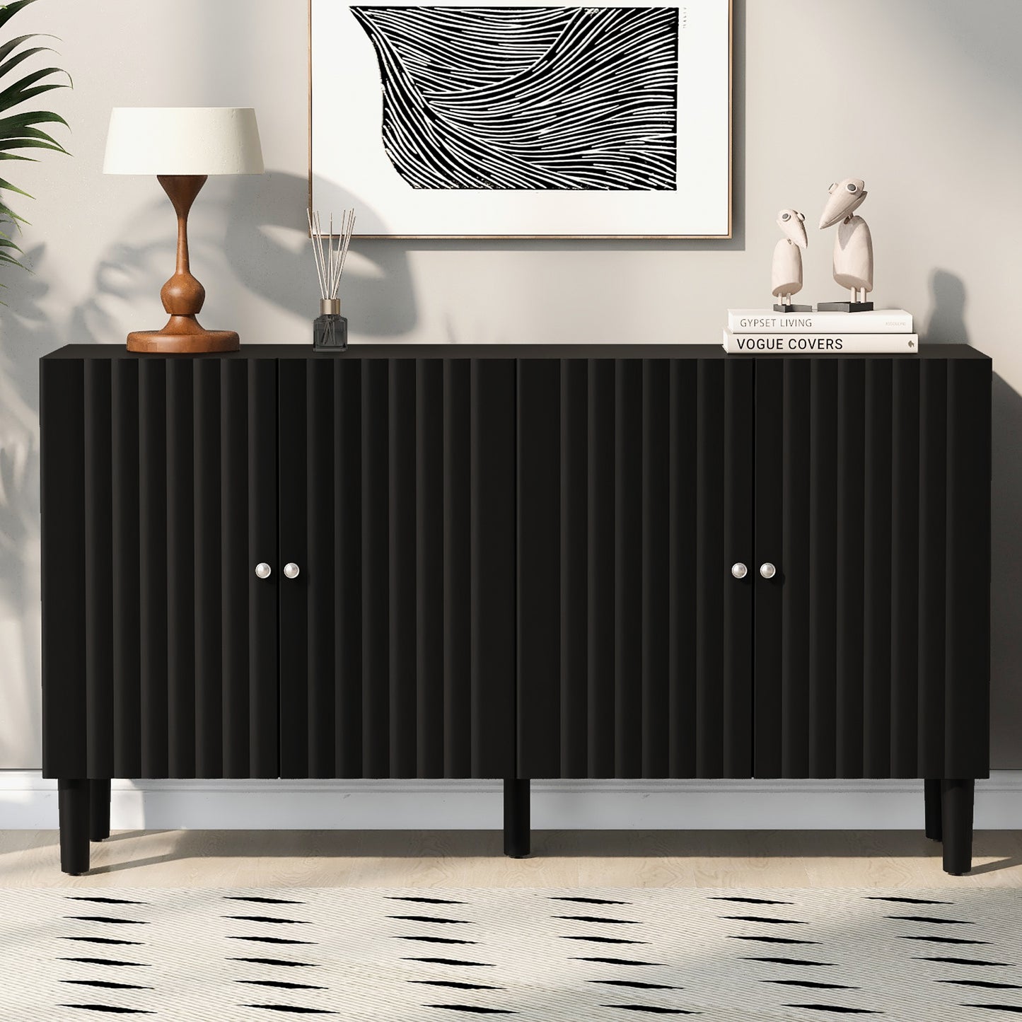 U_STYLE Elegant Four-Door Sideboard with Wavy Pattern Doors, Cylindrical Legs, and Sleek Metal Handles, Adjustable, Suitable for Study, Entryway and Living Room