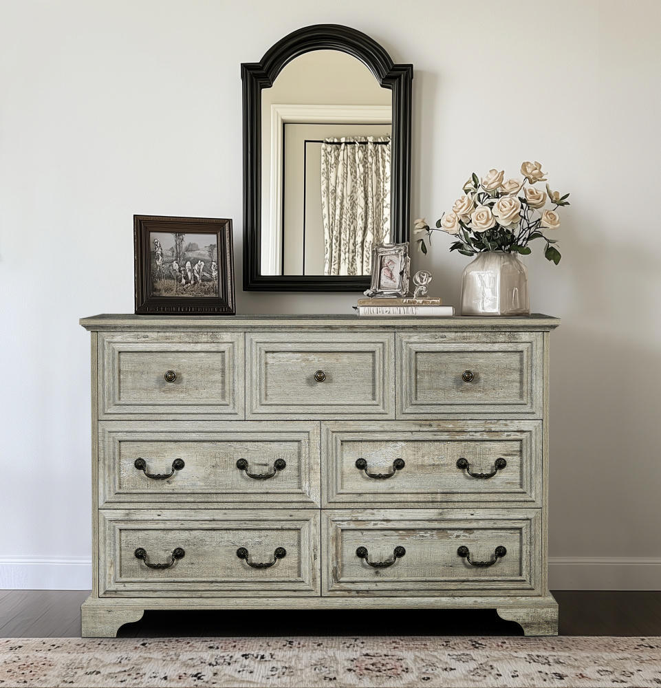 Vintage-Inspired 7-Drawer Rustic Dresser for Bedroom, Elegant Storage Chest with Antique Finish, Versatile Organizer for Living Room and Hallway, Distressed White Wood Design