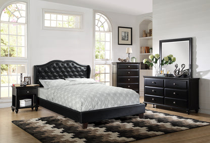 Luxurious Black Faux Leather Queen Bed Set with Wingback Headboard and Tufted Design