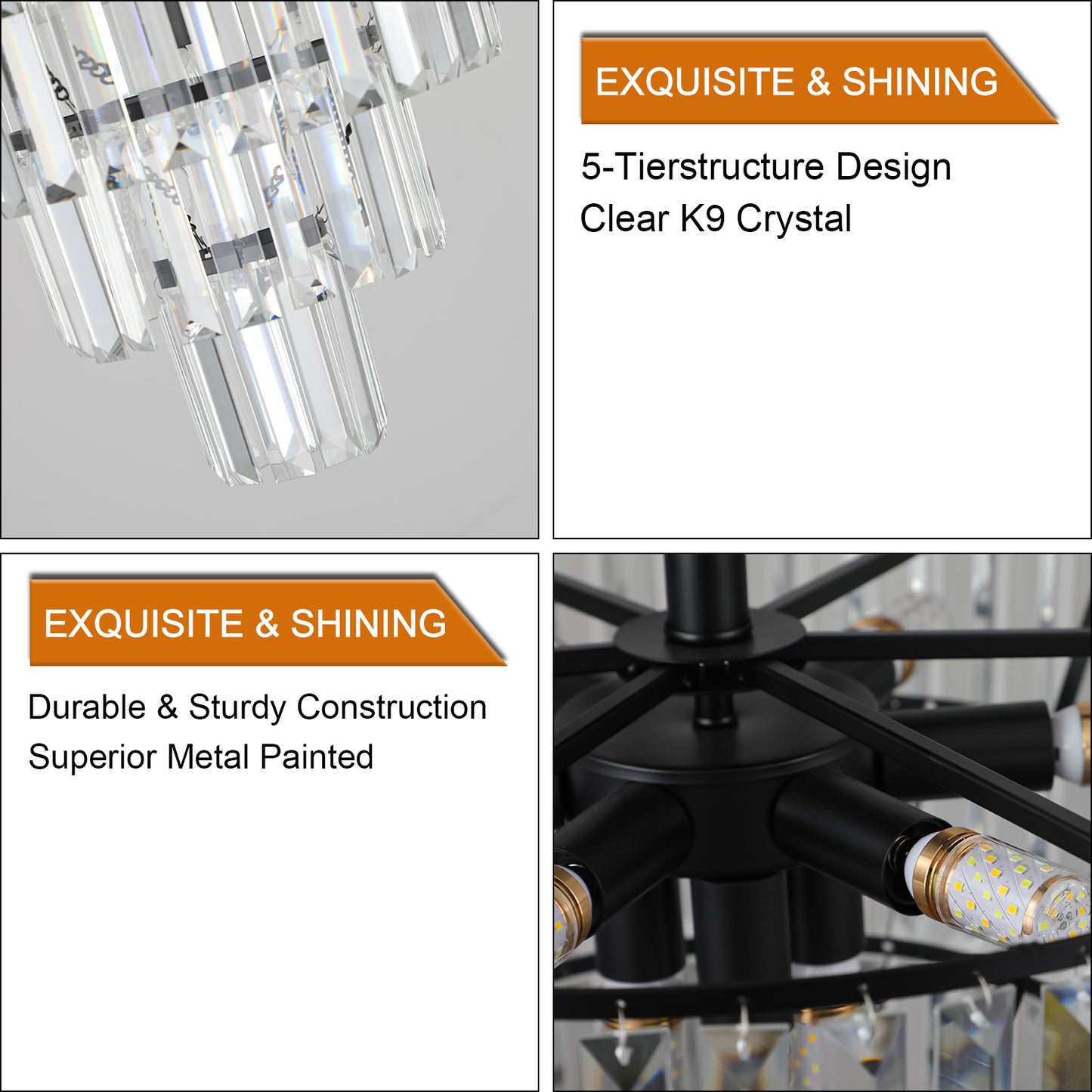 Large Modern Crystal Chandelier, 5-Layer K9 Crystals, Dining & Living Pendant Light, 19.3x19.7, Black