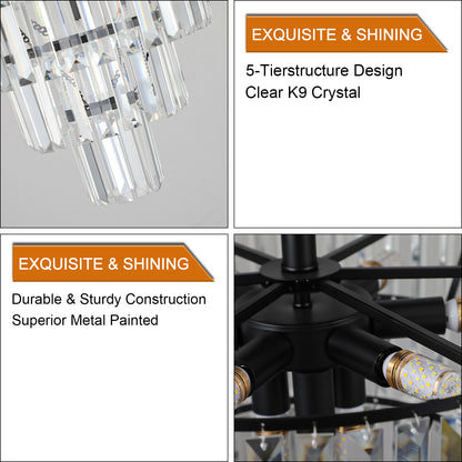 Large Modern Crystal Chandelier, 5-Layer K9 Crystals, Dining & Living Pendant Light, 19.3x19.7, Black