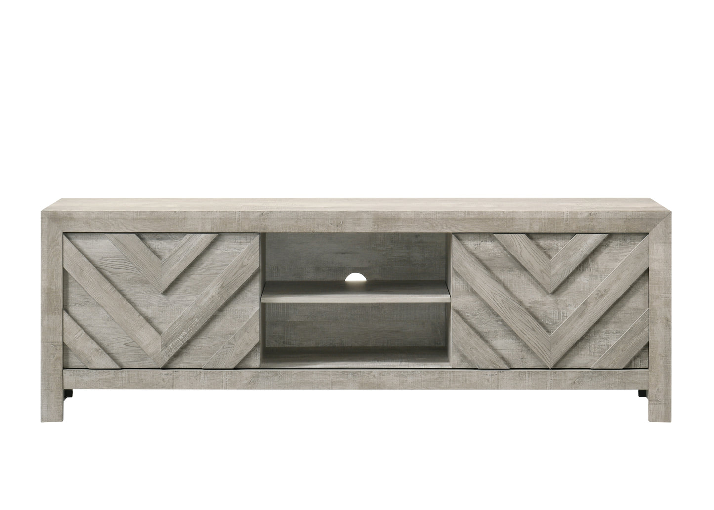 60-69 Inch TV Stand with Rustic Geometric Doors, 2-Shelf Entertainment Console Gray Washed Wood Finish