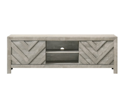 60-69 Inch TV Stand with Rustic Geometric Doors, 2-Shelf Entertainment Console Gray Washed Wood Finish