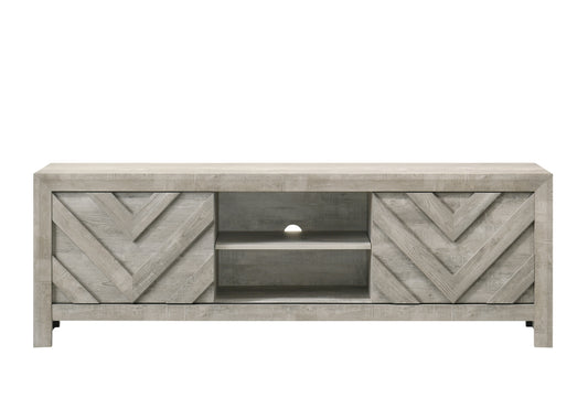 60-69 Inch TV Stand with Rustic Geometric Doors, 2-Shelf Entertainment Console Gray Washed Wood Finish
