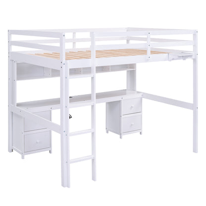 White Full Size Loft Bed with Integrated Desk, Storage Drawers, Bedside Tray, and Charging Station