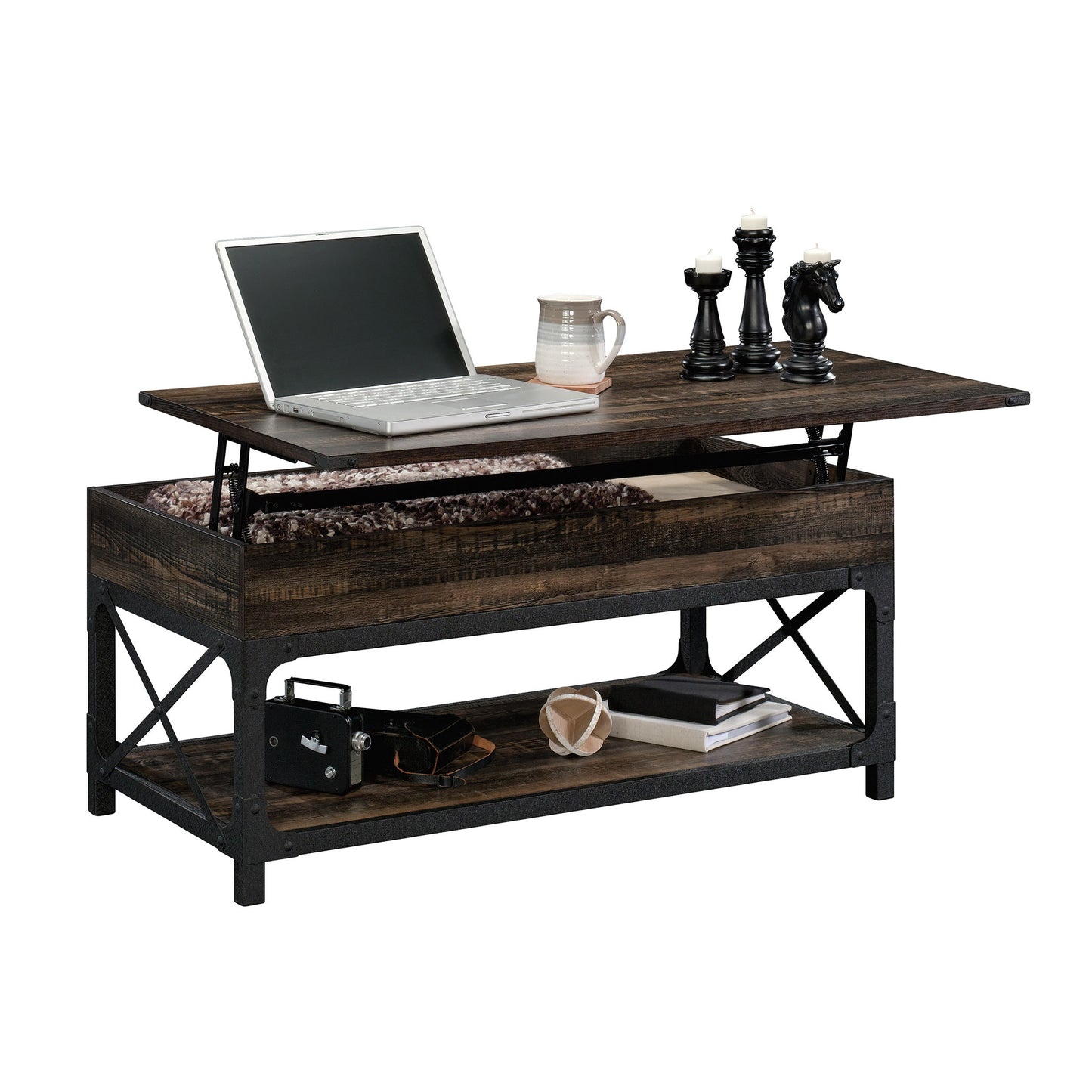 Lift-Top Coffee Table, Living Room, Engineered Wood, Industrial Open Storage, Metal Frame, Brown
