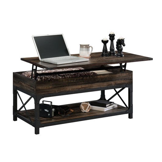 Lift-Top Coffee Table, Living Room, Engineered Wood, Industrial Open Storage, Metal Frame, Brown