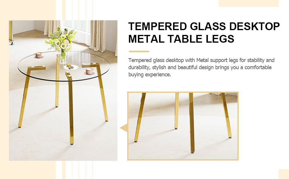 Modern minimalist style circular transparent tempered glass table, tempered glass tabletop, golden metal legs, suitable for kitchen, dining room, and living room, 42 "* 42" * 29.5 "1123r
