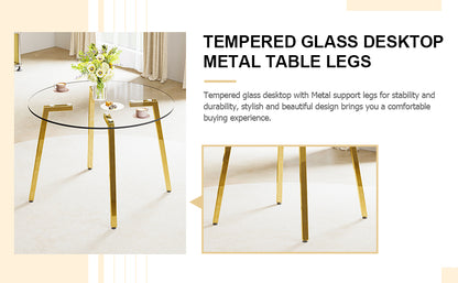 Modern minimalist style circular transparent tempered glass table, tempered glass tabletop, golden metal legs, suitable for kitchen, dining room, and living room, 42 "* 42" * 29.5 "1123r