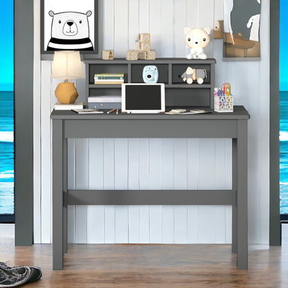 Sleek Gray Wood Writing Desk with Hutch and Cable Management