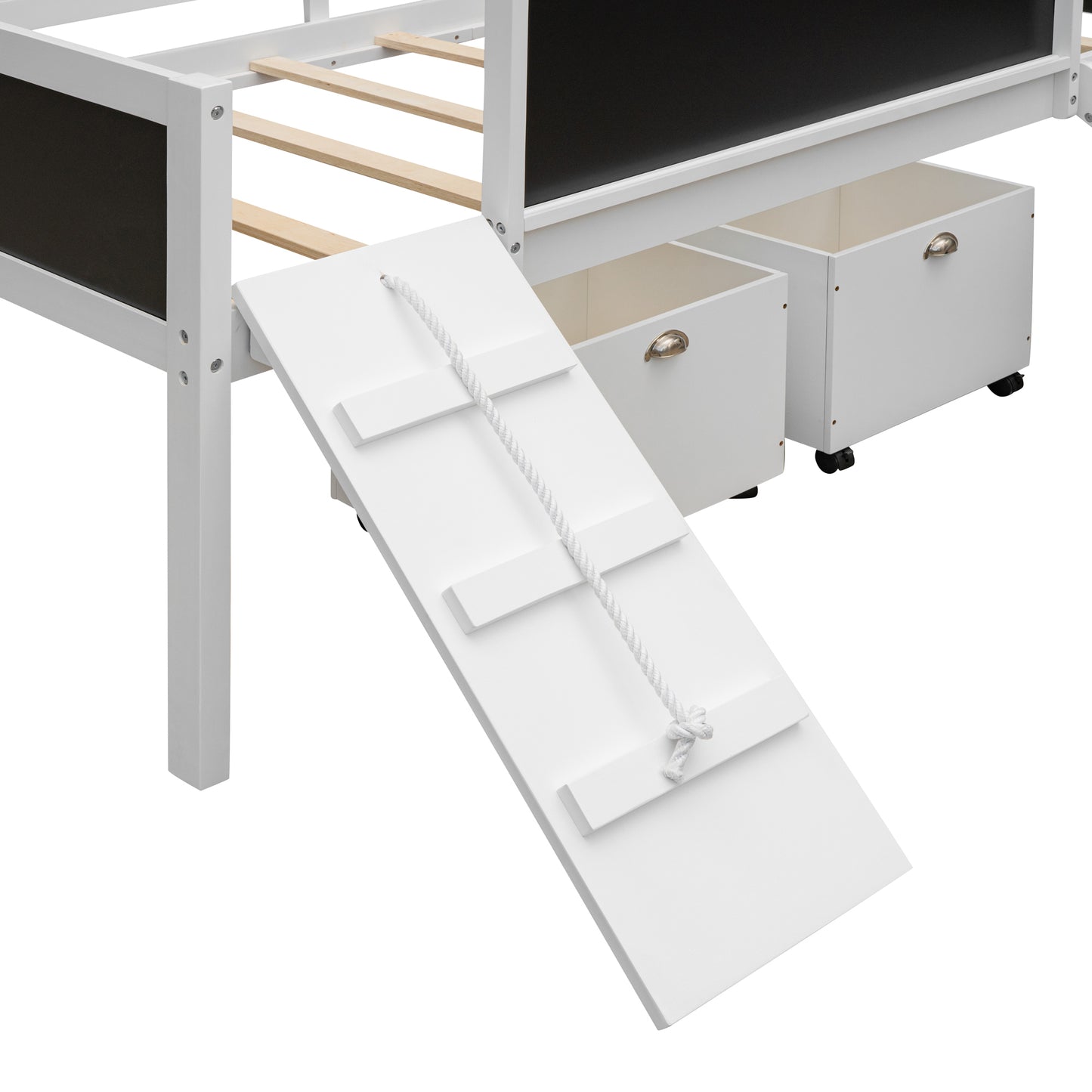 Creative Twin Loft Bed with Climbing Frame and Chalkboard - White