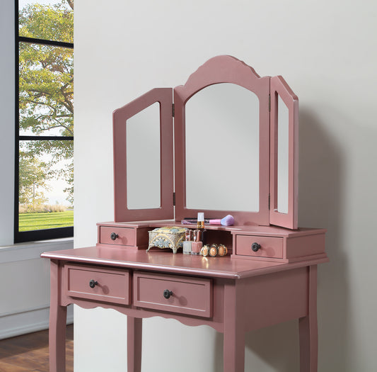 Wooden Vanity Makeup Table and Stool Set with Large Mirror, Storage Drawers, Drawer Organizer for Bedroom, Rose Gold