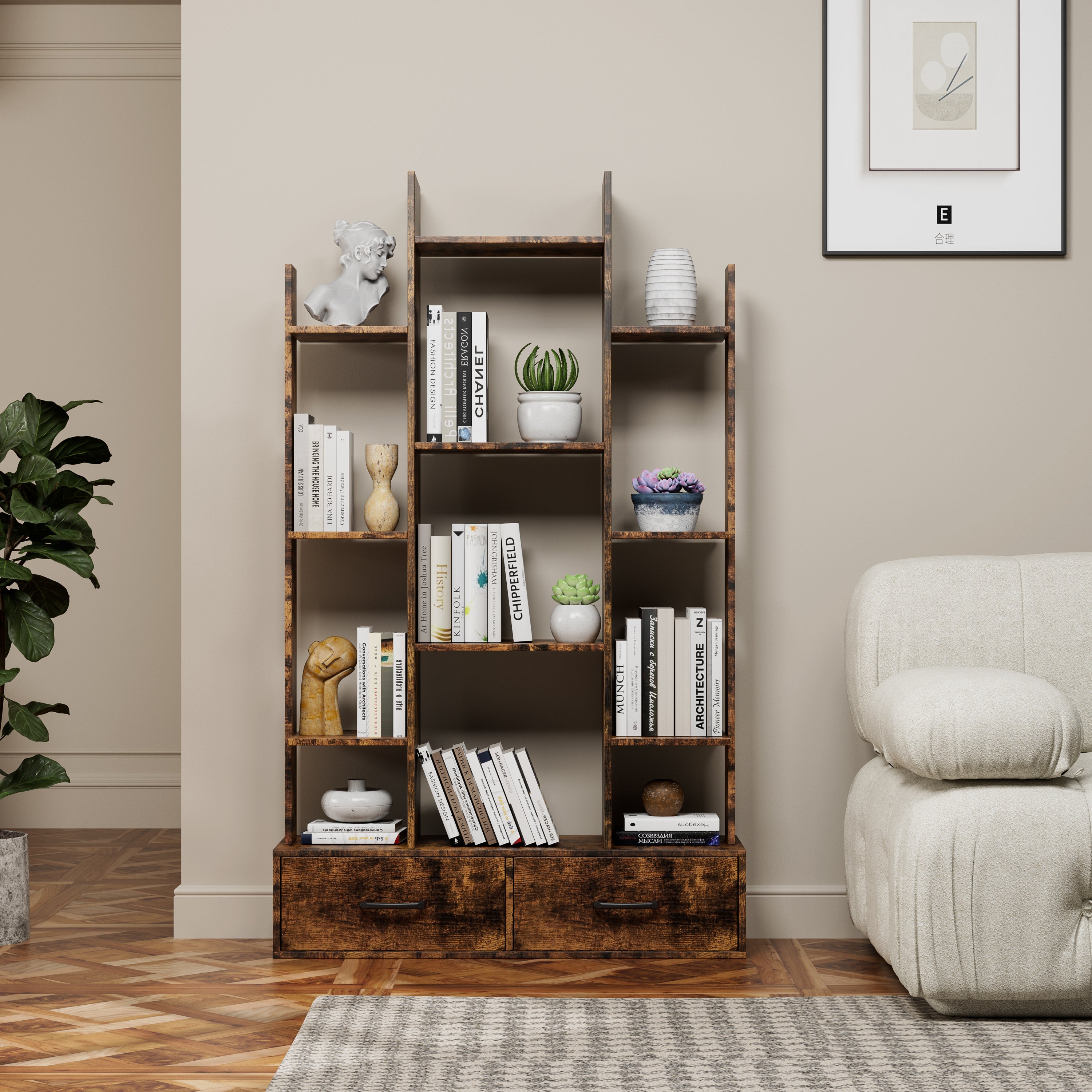 Industrial Vintage Bookshelf with 2 Drawers and 12 Open Shelves - Rust ...