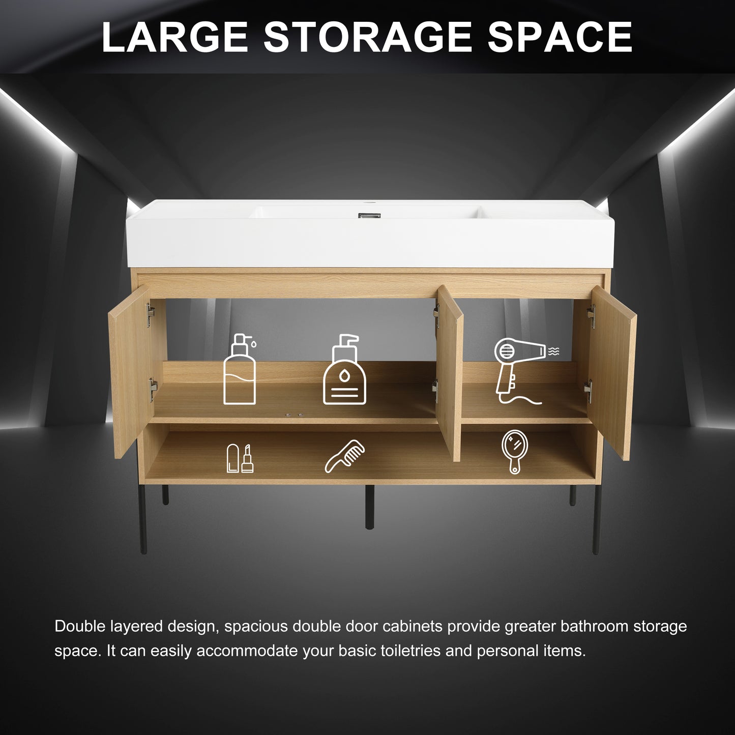 Modern Oak 48" Bathroom Vanity Set with Single Resin Sink and 3-Door Storage Cabinet