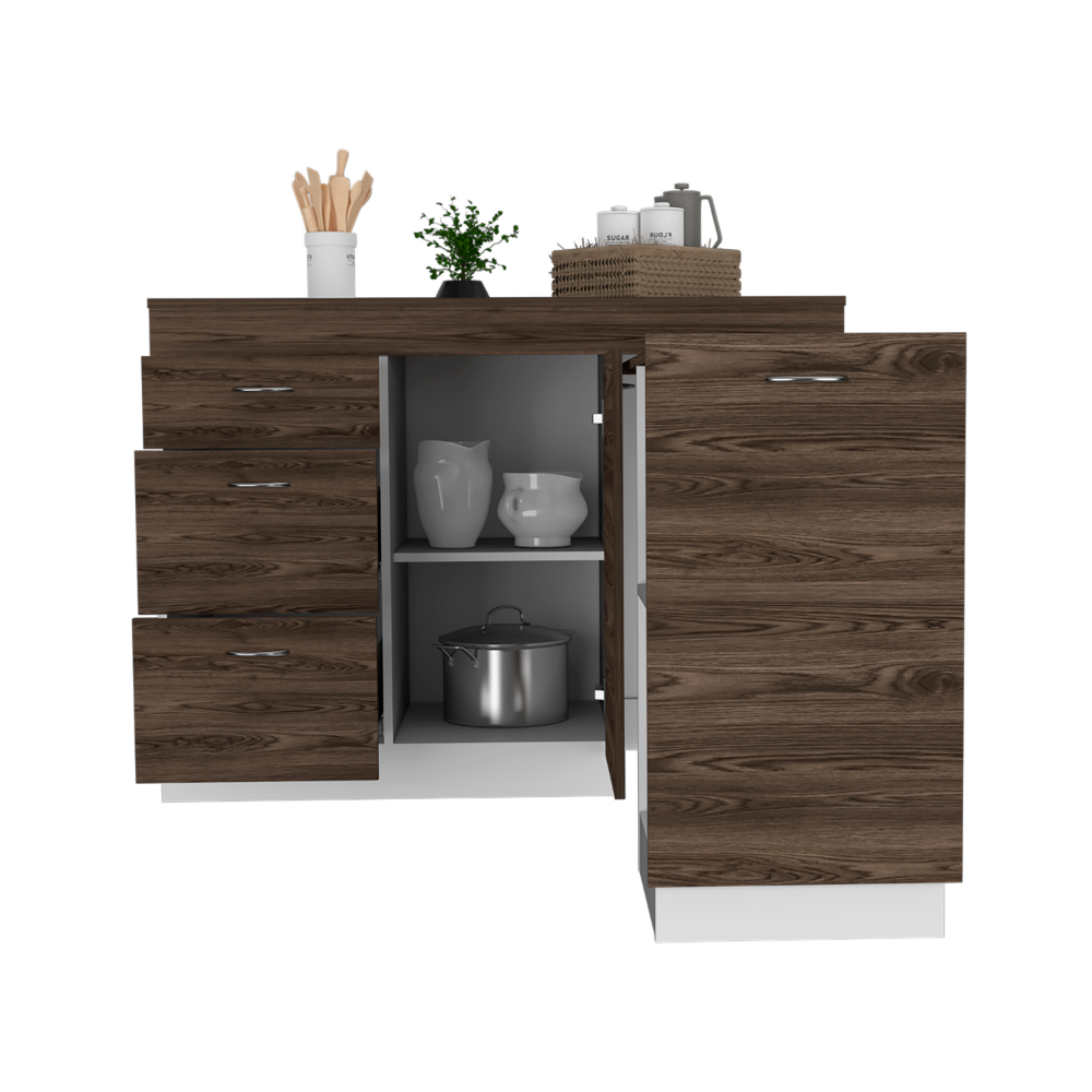 Modern Grecia Kitchen Base Cabinet with Three Drawers and Two Shelves - White & Dark Walnut