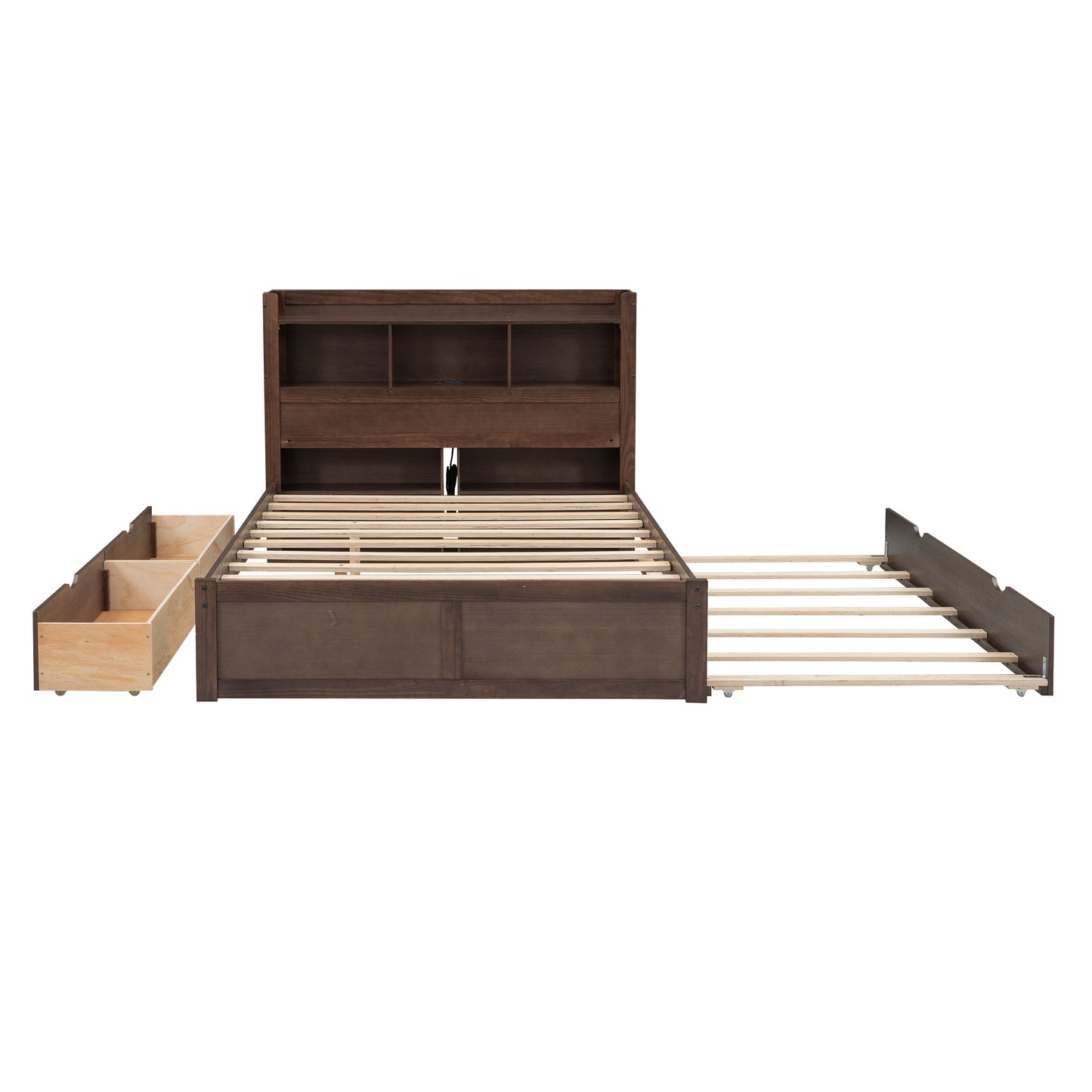 Espresso Full Size Storage Bed with Trundle and Dual Drawers, Pull-Out Shelving System