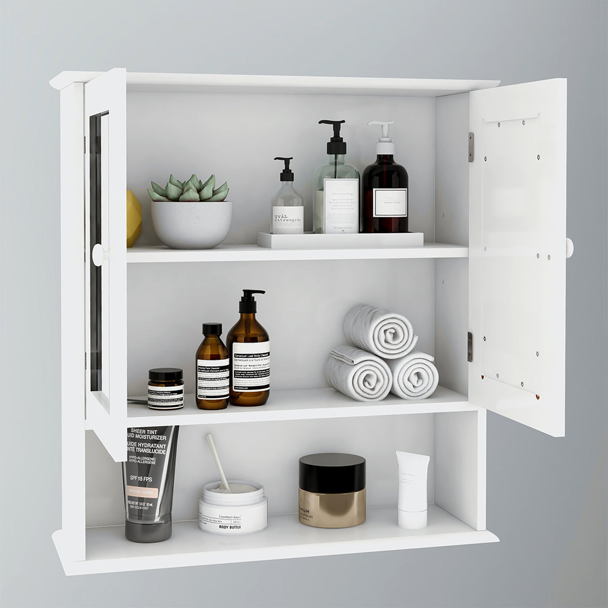 Modern White Bathroom Wall Cabinet with Double Mirror Doors and Adjustable Shelves