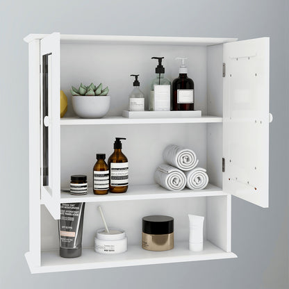 Modern White Bathroom Wall Cabinet with Double Mirror Doors and Adjustable Shelves