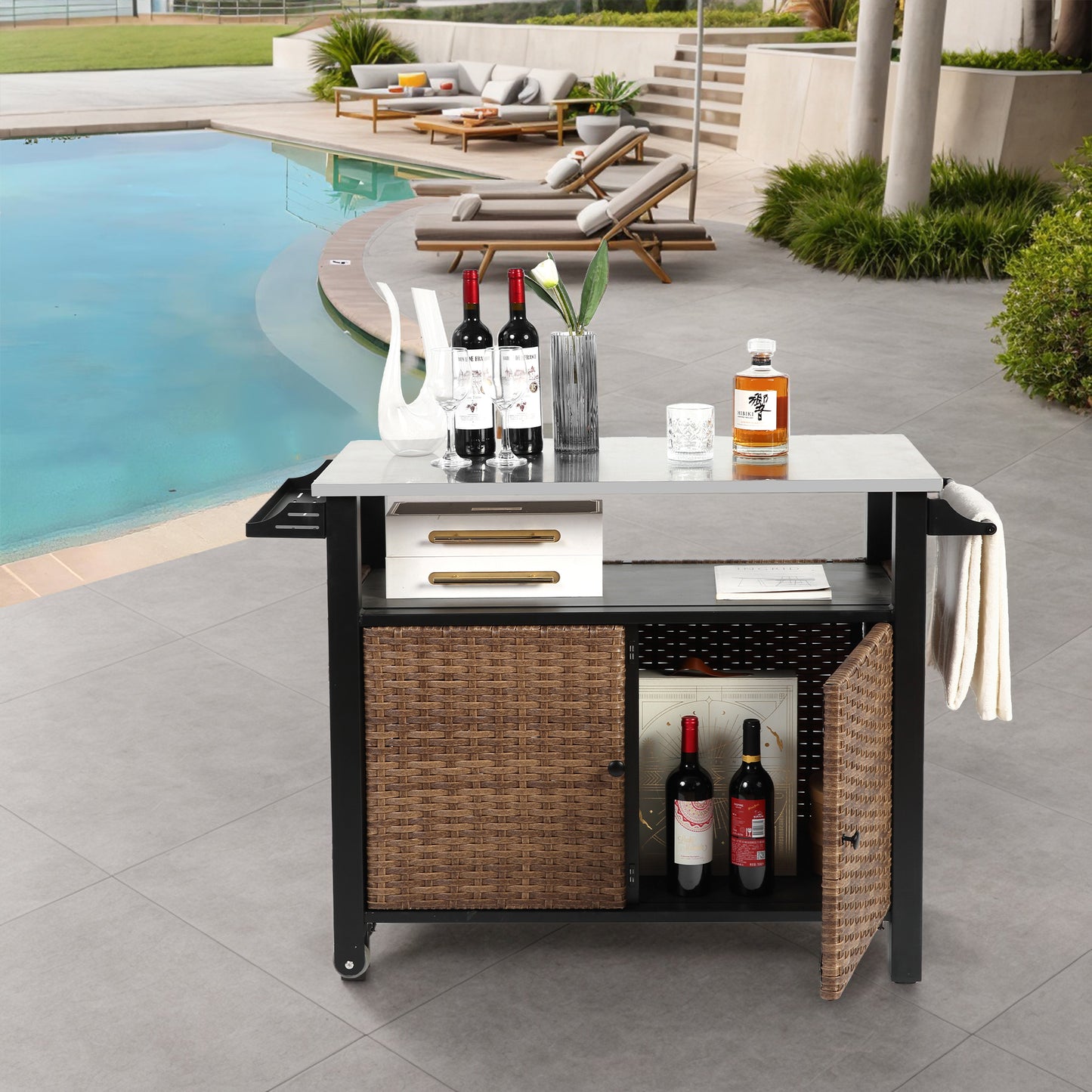 Outdoor Kitchen Island Rolling Cart With Storage Cabinet And Stainless Steel Extended Table Side Handle Brown