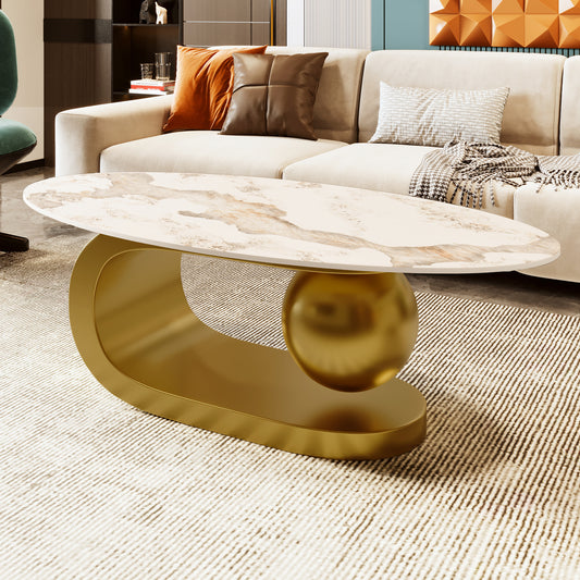 Modern Oval Coffee Table for Living Room, Marble Pattern Sintered Stone Coffee Tabletop with Gold Stainless Steel Base in 47.2'