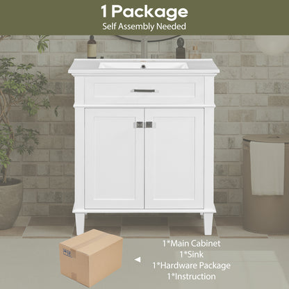 Stylish 30-Inch Bathroom Vanity with Elegant Ceramic Sink, Soft Close Doors, and Adjustable Storage Shelves