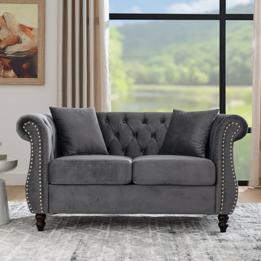 58.8-Inch 2-Person Chesterfield Sofa with Tufted Back, Rolled Arms, Velvet, Living Room Grey